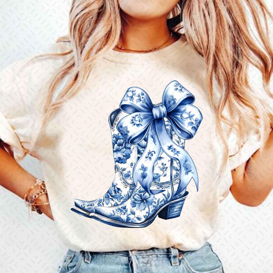 Blue and White Cowgirl Boots PNG, Coquette Blue Chinoiserie Floral ...