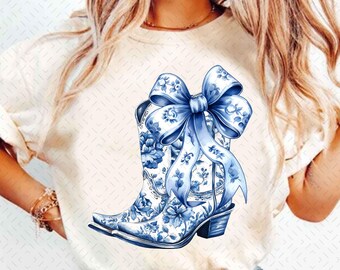 Blue and White Cowgirl Boots PNG, Coquette Blue Chinoiserie Floral Boots Coquette Bow Design PNG, Girly Sublimation png, Preppy png