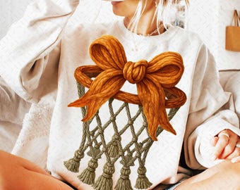 Basketball Bow PNG, Faux Yarn Style Hoop Net with Ribbon Sublimation, Cozy Sports Aesthetic PNG