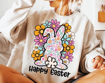 Happy Easter Bunny PNG, Easter Png Download, Tee Shirt Sublimation PNG, Easter Shirt Png, Png For Tshirt, Floral Easter T-shirt Design Png