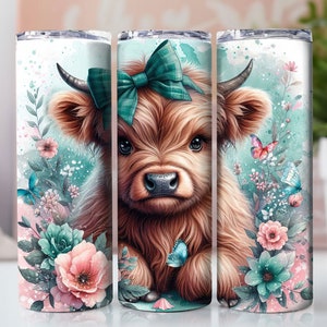 Seamless Highland Cow Tumbler Wrap, 20oz Skinny Sublimation Tumbler Design, Highland Cow Sublimation Design Png, Floral Tumbler Png Download