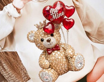 Valentine Teddy Bear PNG: Rhinestone Be Mine Crystal Heart Bling Sparkle Shirt Design