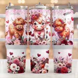 Baby highland cow Valentine 40oz wrap, Sublimation design templates, 40oz png Digital download. Clip art download, 40oz tumbler with handle