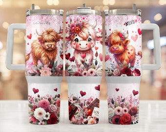 Baby highland cow Valentine 40oz wrap, Sublimation design templates, 40oz png Digital download. Clip art download, 40oz tumbler with handle