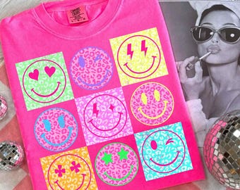 Neon Summer Smiley Face Checkerboard Bundle Png, Smiley Leopard Png Beach Life Bundle PNG Summer PNG Neon Trendy Summer Distressed Beach