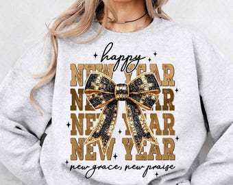 Happy New Year 2025 Png, Gold Coquette Bow Png, Retro New Years Png, Glitter Disco Ball Bow Png, New Year New Praise Png, Varsity Png