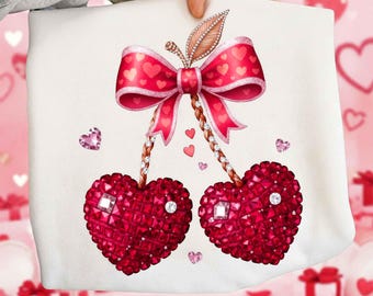 Valentines Day Cherry Heart PNG: Pink Yarn Sparkle Rhinestone Jeweled Design, Trending Digital Download