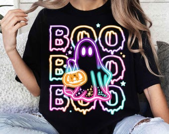 Fantasma Boo Neon Colorido Fofo Png, Laço Boo Halloween Png, Neon Halloween PNG, Camisa Boo Ghost Png, Design De Sublimação De Halloween Boo Fofo