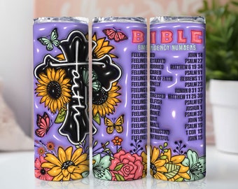 3D Bibel Notrufnummer Aufgeblasener Becher Sublimation Design, Floral Christian Becher Design Png, Religiöser Becher, Glaube Becher Png