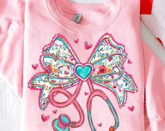 Pink Valentine Nurse Png, Valentine Nurse Coquette Png, Stethoscope Bow Png, Nurse Valentines Shirt Design, Valentines Day PNG