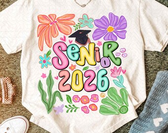 Boho senior 2026 PNG, chemise de fin d'études floral coloré, sublimation promotion 2026, coquette senior maman téléchargement numérique