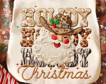 Leopard Howdy Christmas Santa Latch Hook Yarn Crochet Png, Faux Yarn Png, Western Christmas Cowhide Png, Santa Png, Realistic Yarn Holiday