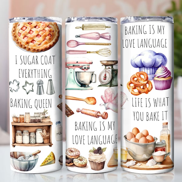 Cute Baker Tumbler Wrap, Baking Tumbler Wrap PNG, Téléchargement numérique par sublimation, 20 oz Skinny Tumbler Design, Téléchargement numérique instantané uniquement