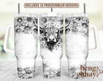 Black and White 40oz Tumbler Wrap - Cow Floral Seamless PNG Tumbler Design Sublimation Designs Downloads - PNG for Straight/Tapered Tumbler