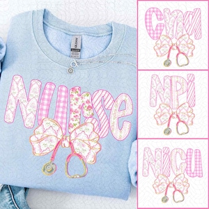Adrette Krankenschwester Blau Blumen Bogen PNG Bundle, Boho CNA Nicu RN Sublimationsdesign, Girly Kokette Bogen Trendy Krankenschwester Life Shirt Clipart