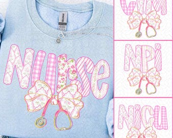 Preppy Nurse Blue Floral Bow PNG Bundle, Boho CNA Nicu RN Sublimation Design, Girly Coquette Bow Trendy Nurse Life Shirt Clipart