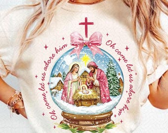 Oh Come Let Us Adore Him Png, Nativity Scene Snow Globe Xmas Png, Coquette Jesus Christmas Png, Baby Jesus Png, Oh Holy Night Png,Hand Drawn