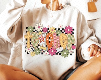 Profesora retro PNG, diseño de camiseta floral para profesora, profesora preppy PNG, descarga digital de agradecimiento a la profesora, flores silvestres para profesora