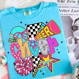 Cheer Png, Preppy Cheer Mom Shirt Sublimation, Cheerleader Coquette Png, Colorful Checker Bow Pom Pom Png, Cheer Season Png, Team Spirit Png