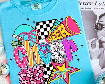 Cheer Png, Preppy Cheer Mom Shirt Sublimation, Cheerleader Coquette Png, Colorful Checker Bow Pom Pom Png, Cheer Season Png, Team Spirit Png