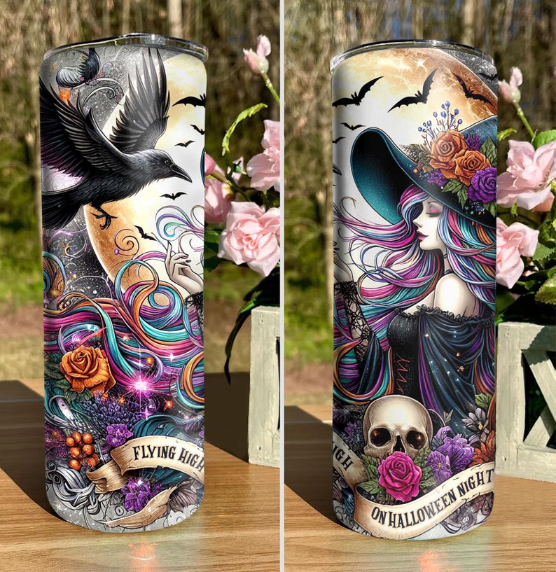 Feeling Witchy Halloween Tumbler Wrap, Witchy Vibes Raven Tumbler PNG