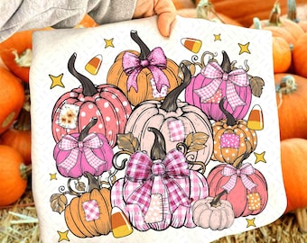 Rosa Patchwork Kürbis Png, Kokette adrette Herbst Kürbis Schleife Png, nette Girly Herbst Halloween Sublimation, Retro Pastell rosa Kürbis Clipart
