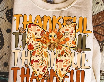 Coquette Thankful Turkey Png, Give Thanks Png, Boho Floral Fall Coquette Png, Vintage Thanksgiving Gobble Png, Thanksgiving Shirt Design