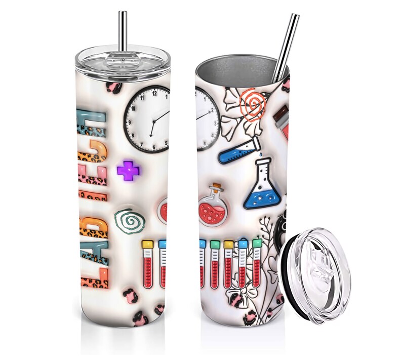 May include: A stainless steel tumbler with a white background and colorful science-themed illustrations. The tumbler has a lid and a straw. The text "Science" is written in colorful letters on the tumbler.