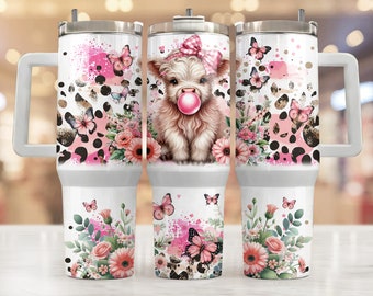 Baby Highland Cow 40oz Tumbler Wrap PNG, Pink Butterflies Sublimation 40 Oz Quencher Tumbler Design, Highland Cow Flowers Tumbler Design