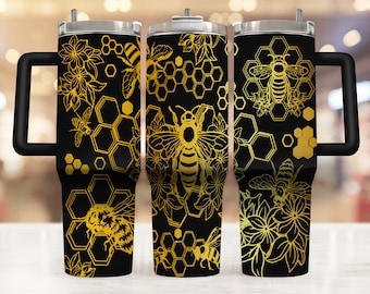 Honey Bee 40 oz Tumbler wrap laser SVG File Seamless Tumbler, Honey Bee Stanley archivos grabados con láser para proyecto de artesanía rotativa láser