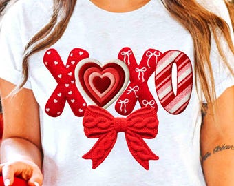 Nepgaren Xoxo Valentine PNG: gehaakte coquette strik sublimatieontwerp, gebreide textuur digitale download