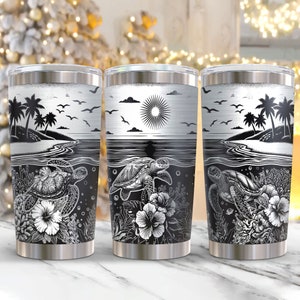 May include: Three stainless steel tumblers with a black and white design featuring a tropical beach scene with palm trees, a sun, and sea turtles swimming in the ocean. The tumblers are a great way to enjoy your favorite beverage.