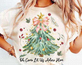 Oh Come Let Us Adore Him Png, Coquette Bow Christmas Tree Png, Christmas Jesus PNG, Watercolor Christian Christmas, Xmas Tree with Bow Png