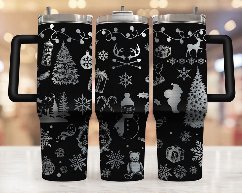 May include: A black stainless steel tumbler with a white design featuring Christmas-themed illustrations, including a snowman, reindeer, a Christmas tree, and snowflakes. The tumbler has a handle and a lid.