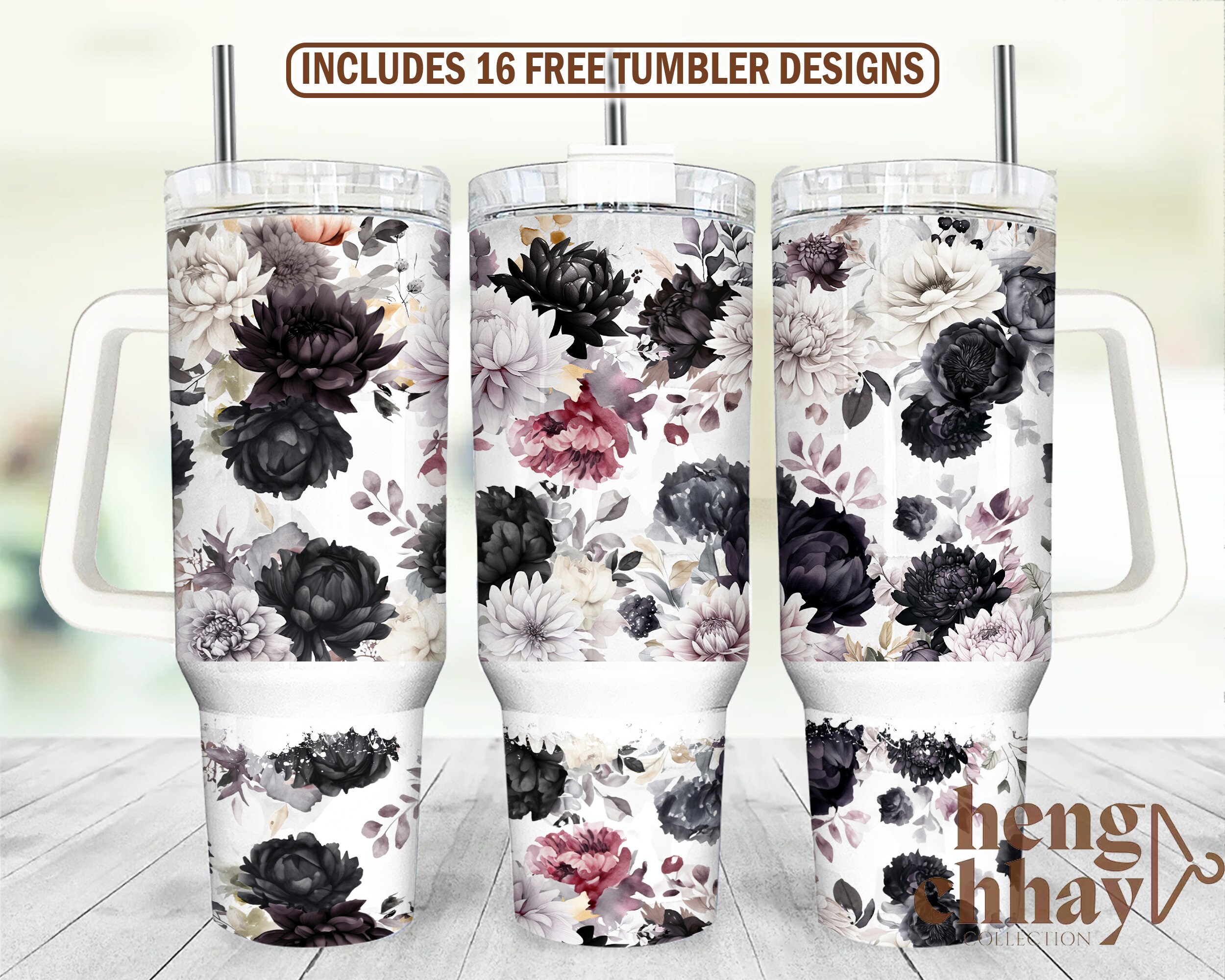 40oz Tumbler Wrap - Black and White Floral Tumbler Design Sublimation Designs Downloads PNG - Seamless Sublimation Tumbler with Handle Wrap