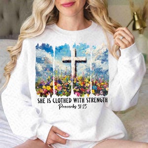 She is Clothed with Strength PNG, Wildflower Christian Png, Bible Verse Png, Brushstroke Png, Christian Boho Png, Jesus, Faith, God, Mama