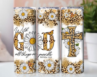 Con Dios todas las cosas son posibles Diseños de sublimación de vaso flaco de 20 oz, regalos cristianos para mujeres Plantilla de vaso de 20 oz, envoltura de vaso PNG