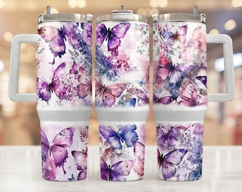 40oz Tumbler Wrap, Butterfly 40oz Sublimation Design, Seamless 40oz Tumbler Wrap, Sublimation Downloads PNG, Butterfly Flower Purple Tumbler
