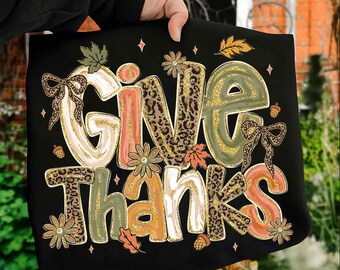 Preppy Give Thanks PNG, Preppy Leopard Pumpkins Autumn PNG, Preppy Thanksgiving PNG, Thankful Png, Faux Glitter, Coquette Png, Fall Pumpkin