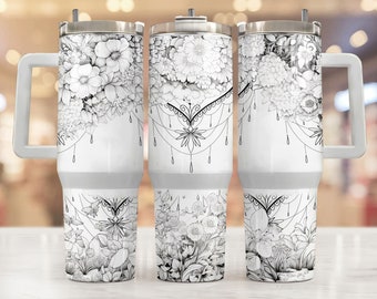 Boho Flowers Black and White 40 oz 2 piece Tumbler Wrap, 40oz Sublimation Design, Seamless 40oz Tumbler Wrap, Sublimation Downloads PNG