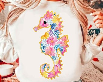 Preppy Floral Summer Seahorse PNG, Summer Vibes Png, Preppy Summer Png, Coastal Png, Glitter Summer Coquette Png, Beach Seashell Clam Png
