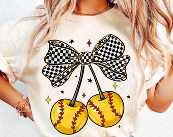 Softball Cherries Coquette Png, Softball Coquette Png, Game Day Softball Png, Checkered Softball Bow, Softball Mama Png, Softball Mom Png