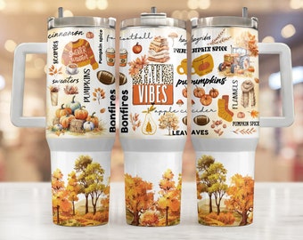 Fall Vibes 40oz Tumbler Wrap - PNG Tumbler Design Sublimation Designs Downloads - Autumn Pumpkin Sublimation Tumbler with Handle Wrap