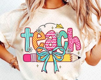 Retro Checkered Teacher PNG, Floral Coquette Teacher Png, Preppy Teacher Shirt Png, Retro Teacher Png for Shirt, Sublimation, Coquette Bow