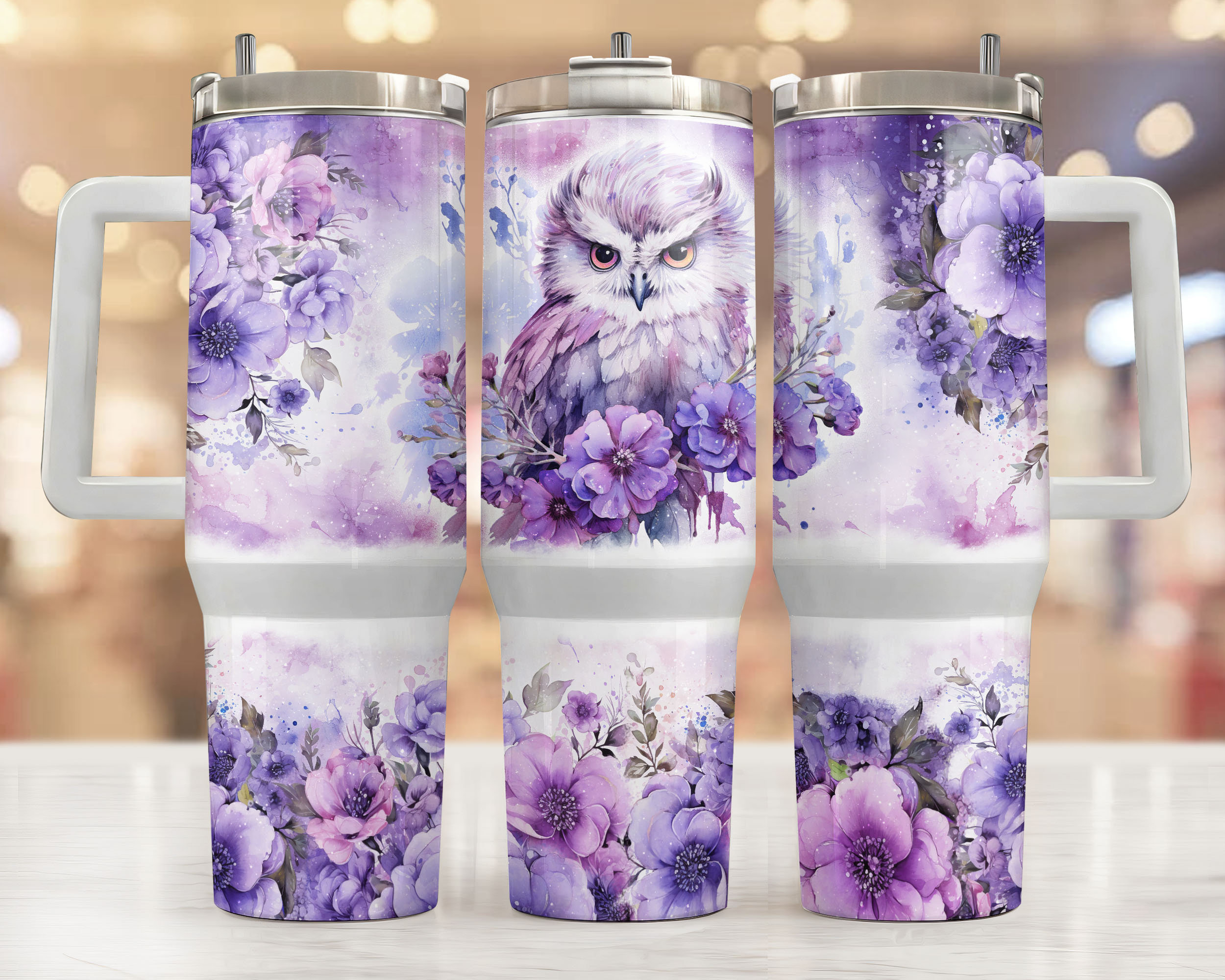 Owl Purple Floral 40oz Tumbler Wrap Sublimation Png, 40oz Tumbler With Handle,Tumbler Design Floral,