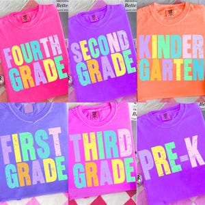 Preppy Back to School Floral Bundle PNG, First Day of School Designs, Kindergarten to Third Grade, Retro Teacher Shirt Neon Sublimation
