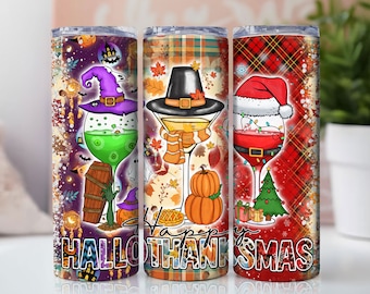 May include: Three stainless steel tumblers with different holiday themes. The first tumbler features a witch and a cauldron, the second features a pilgrim hat and a pumpkin, and the third features a Santa hat and a Christmas tree. The tumblers are all decorated with glitter and have the words "Hallothanksmas" on them.