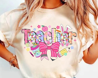 Teacher easter png, bunny teacher png, easter png, every bunny's favorite teacher png, hoppy teacher png, teacher life png, pencil bow png