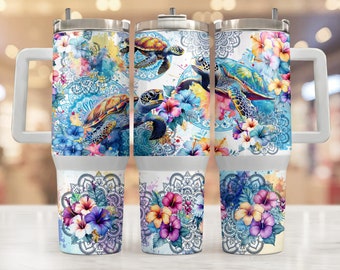 May include: Three stainless steel tumblers with a white background and colorful floral and sea turtle designs. The tumblers have a white handle and lid.