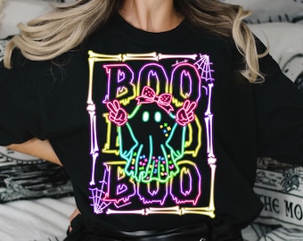 Cute Colorful Neon Boo Ghost Png, Halloween Boo Bow Png, Neon Halloween PNG, Boo Ghost Shirt Png, Cute Boo Halloween Sublimation Design